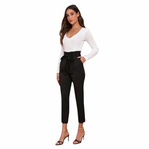 Lulus with Confidence Black High-Waisted Paper Bag Waist Women's Pants- Medium